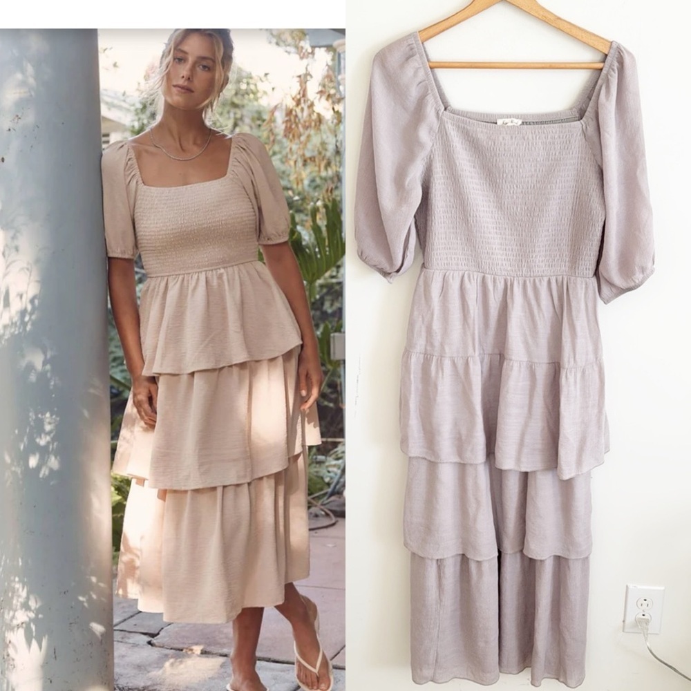 Kings road boutique gray tiered ruffle midi dress